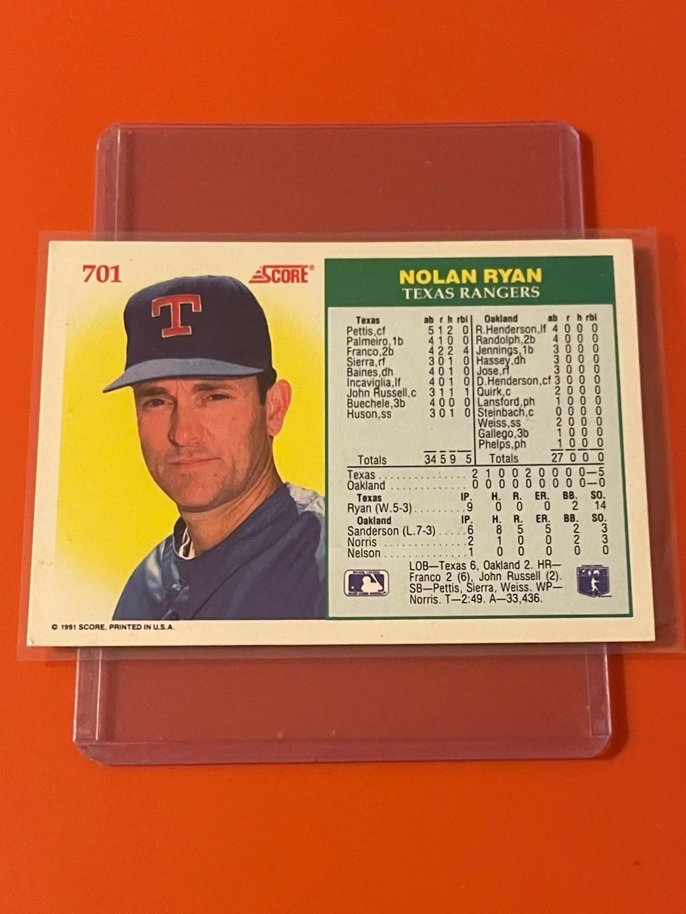 Nolan Ryan #701 [No-Hit Club] 1991 Score Baseball Trading Card